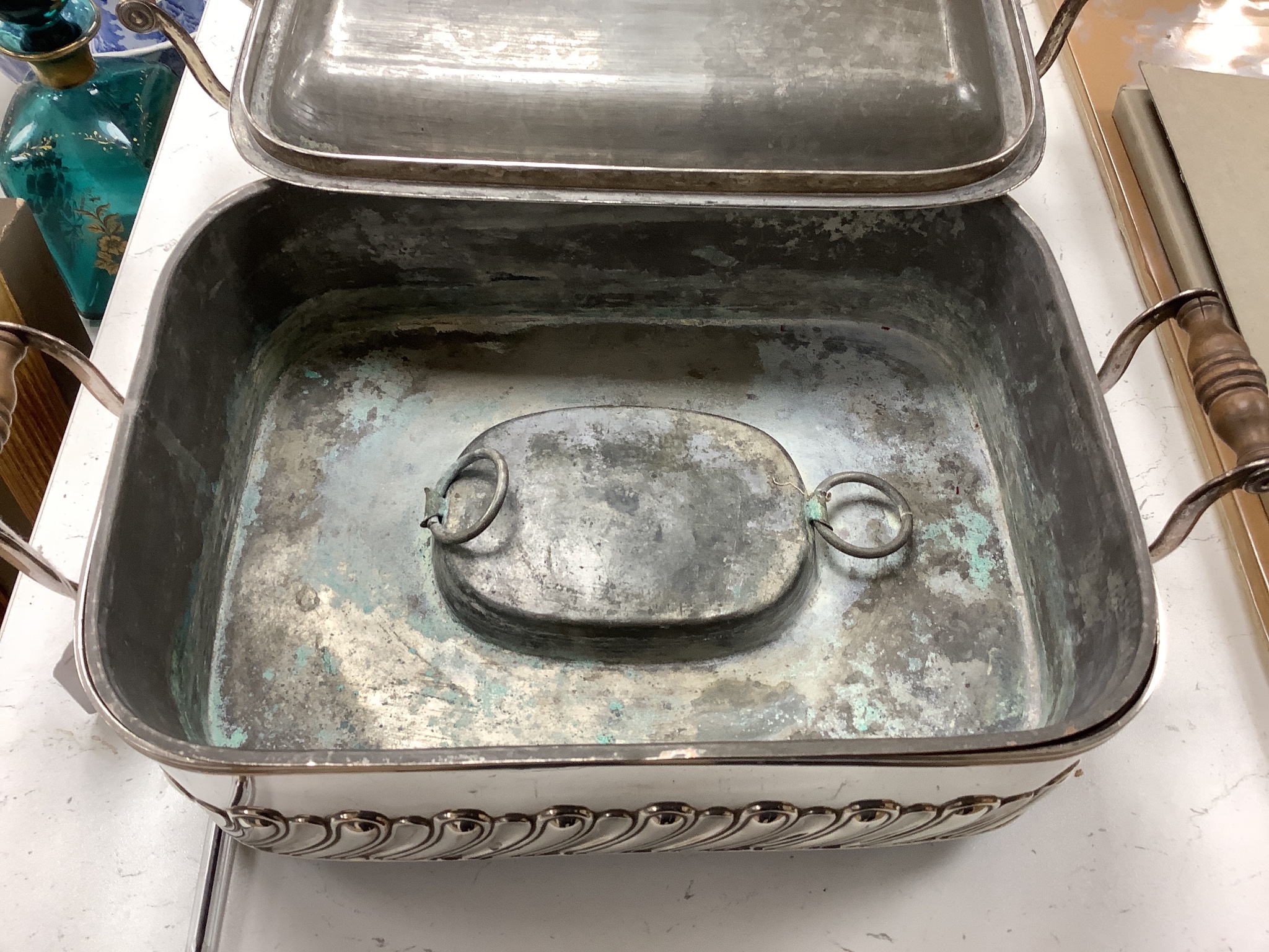 A pair of old Sheffield plated chafing dishes, width overall 40cm, and another similar dish